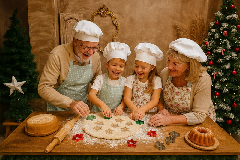 Sesión Fotos Navidad Valencia Cocina mágica y recuerdos reales – Mar Atienza Fotografía (2) Abuelos y nietos cortando galletas en el obrador navideño – Sesión Fotos Navidad Valencia